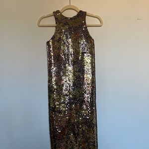 Custom made Gold sequin cocktail length dress